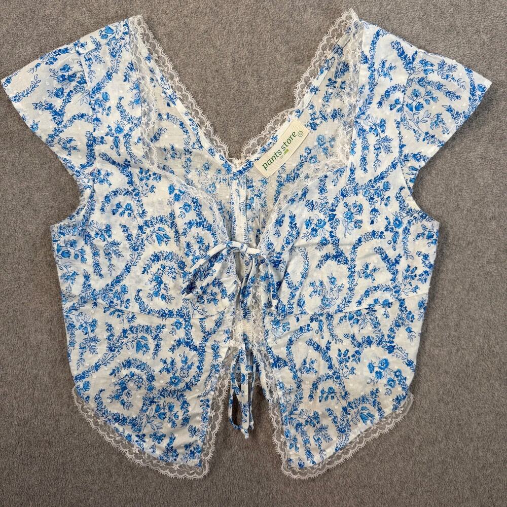 Pants Store Women's Small Blue White Floral Lace Trim Tie Front Crop Top Blouse